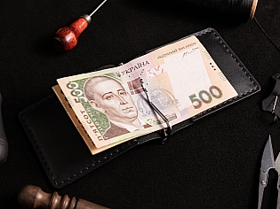 Компактний шкіряний кишеньковий затиск для купюр з двома відділами для карток пошитий вручну