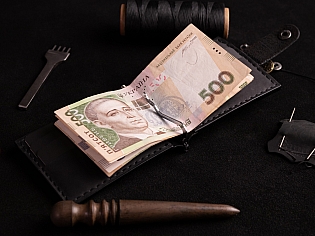 Шкіряний чоловічий затиск для купюр на 8 відділів для карток та з зовнішньою кишенею для монет