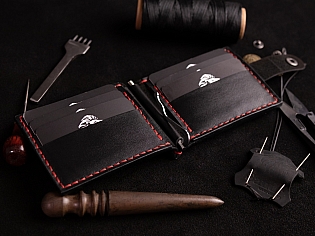 Шкіряний чоловічий затиск для купюр на 8 відділів для карток та з зовнішньою кишенею для монет