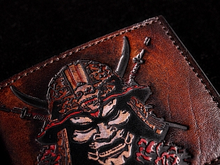 Шкіряний чоловічий гаманець з кольоровим тисненням самурая ручна робота 