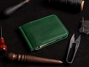 Шкіряний гаманець затиск зеленого кольору з двома відділами для карток преміальна шкіра ручна робота