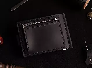 Шкіряний чоловічий затиск для купюр на 8 відділів для карток та з зовнішньою кишенею для монет